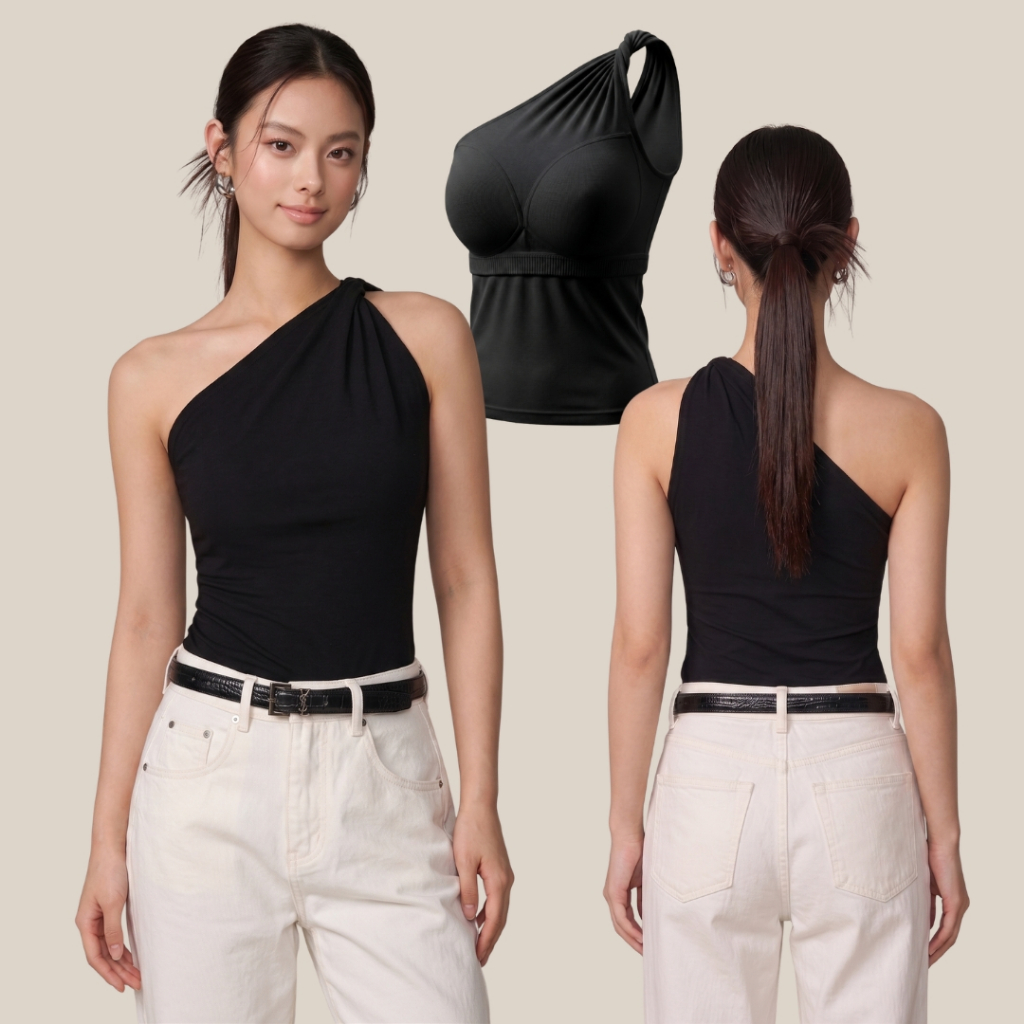 WsimpleBra | Canace One Shoulder Top เสื้อไหล่เดี่ยว ผ้าไนลอน มีบราในตัว[แบบถอดได้]ไม่ต้องติดซิลิโคน