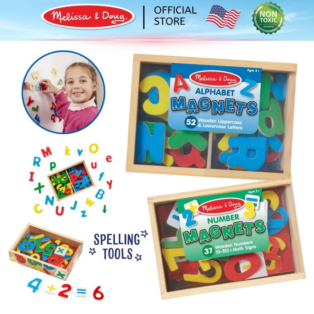 (ของแท้ USA) แม่เหล็กตัวอักษร ABC เล็ก&ใหญ่ และตัวเลข ติดตู้เย็น ติดกระดาน Wooden Learning Magnets Melissa &Doug ของเล่น