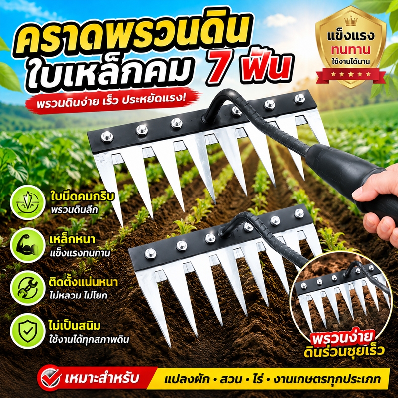 คราดถอนหญ้า 7 ฟัน คราดกำจัดวัชพืช คราดเหล็ก พรวนดิน เหล็กกล้าคาร์บอนสูง ขอบคม แข็งแรง เครื่องมือทำสวน