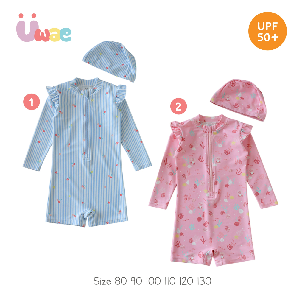 Uwae ชุดว่ายน้ำเด็กกันยูวีแขนยาวขาสั้นซิปหน้า พร้อมหมวกว่ายน้ำ Blossom Blue-Pink รุ่น UV504-UV505