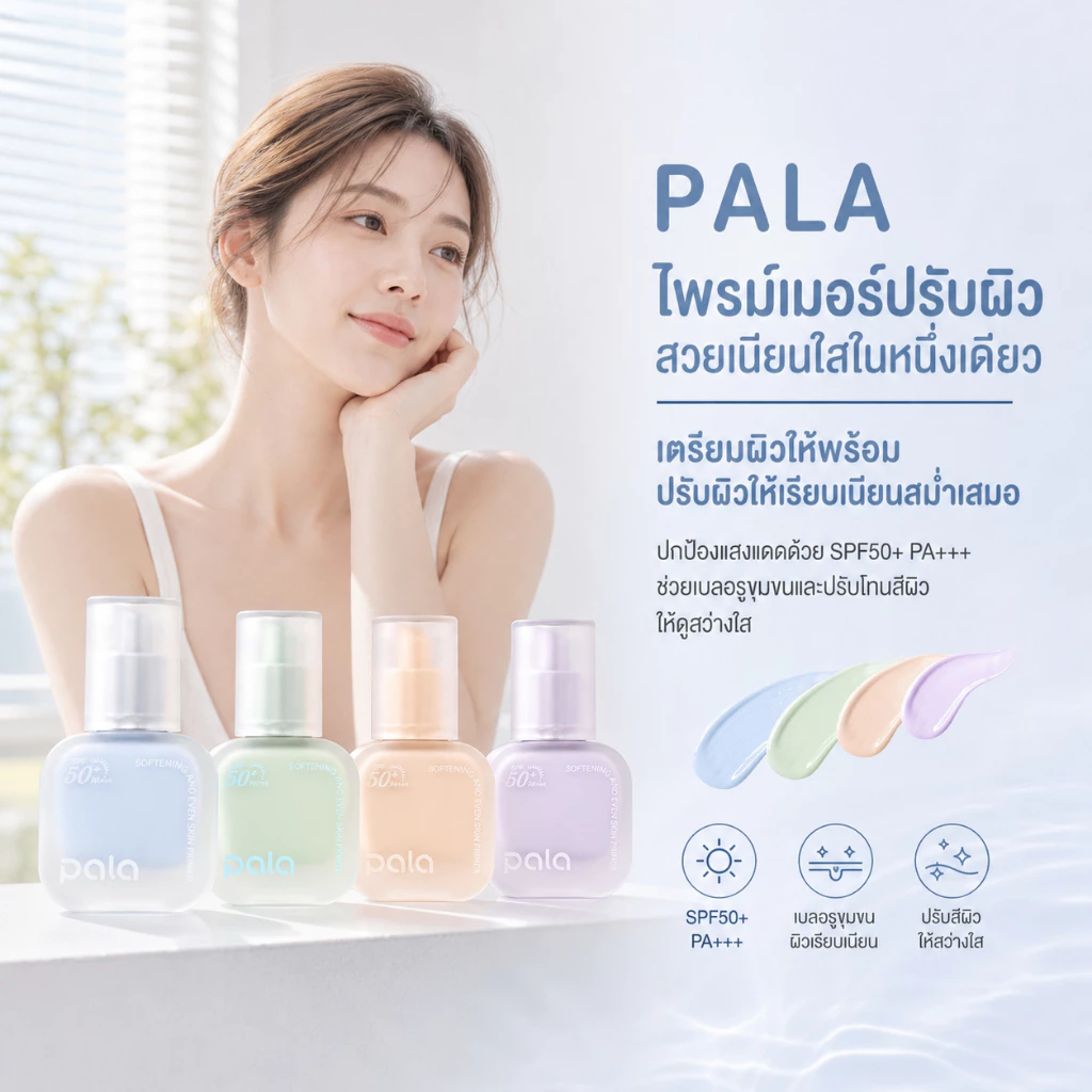 PALA Softening and Even Skin Primer SPF50+ PA+++ 30ml ไพรเมอร์เบลอรูขุมขน ปรับผิวสว่าง กันแดด 4สี