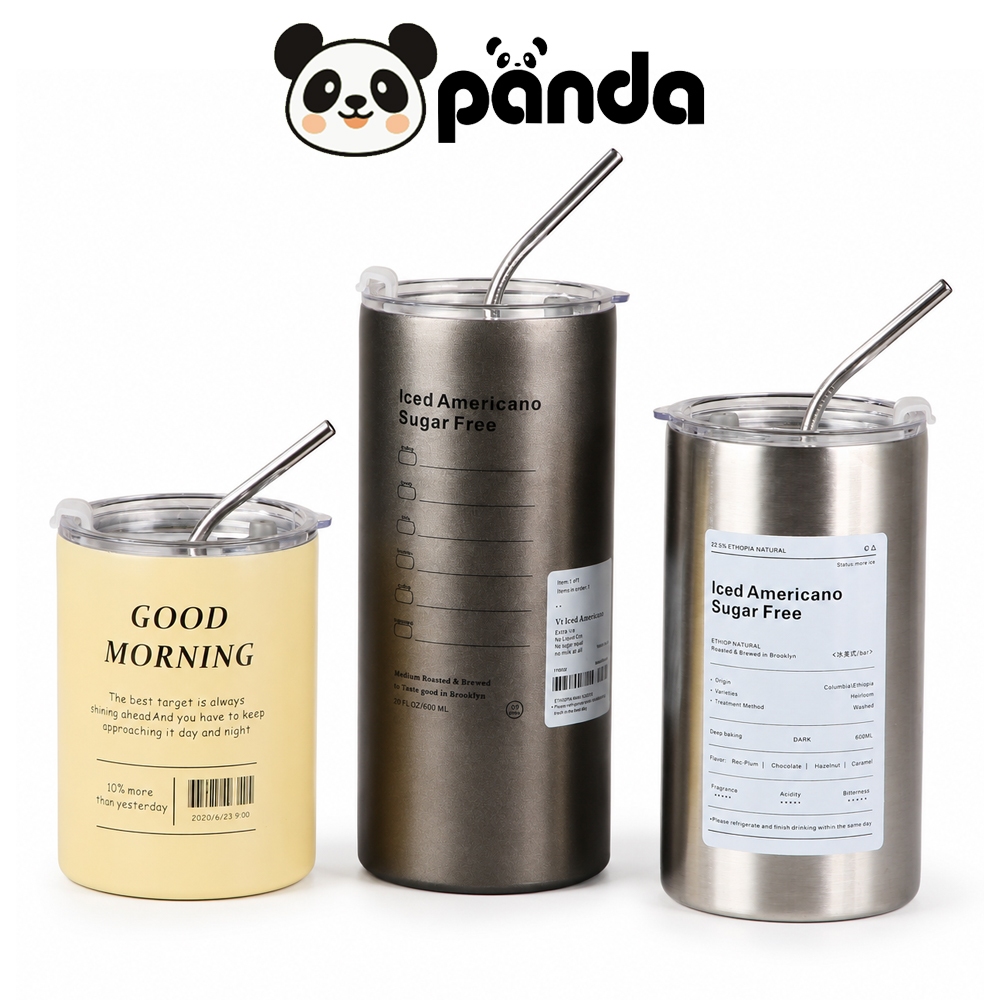 PANDA แก้วเก็บความเย็น 600ml/20oz กระติกน้ำร้อน แก้วกาแฟ สเตนเลส พร้อมหลอดดูด ความจุขนาดใหญ่