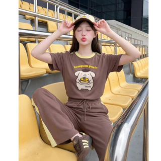 (มี3XL) มี 3 สี New Cute Set ผ้าวอร์มนาโนเนื้อนิ่ม เสื้อยืดปักลาย + กางเกงขายาวมีกระเป๋าข้างเอวสม็อคแต่งแถบข้าง