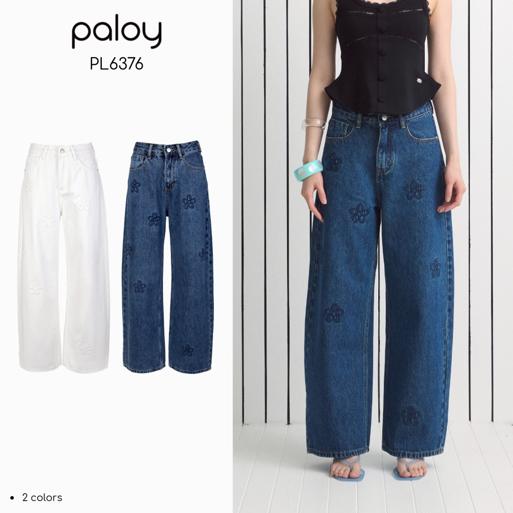 Paloy - PL6376 Poppy Jeans กางเกงยีนส์ ทรงกระบอกกลาง ดีเทลตัดเย็บแต่งดอกไม้