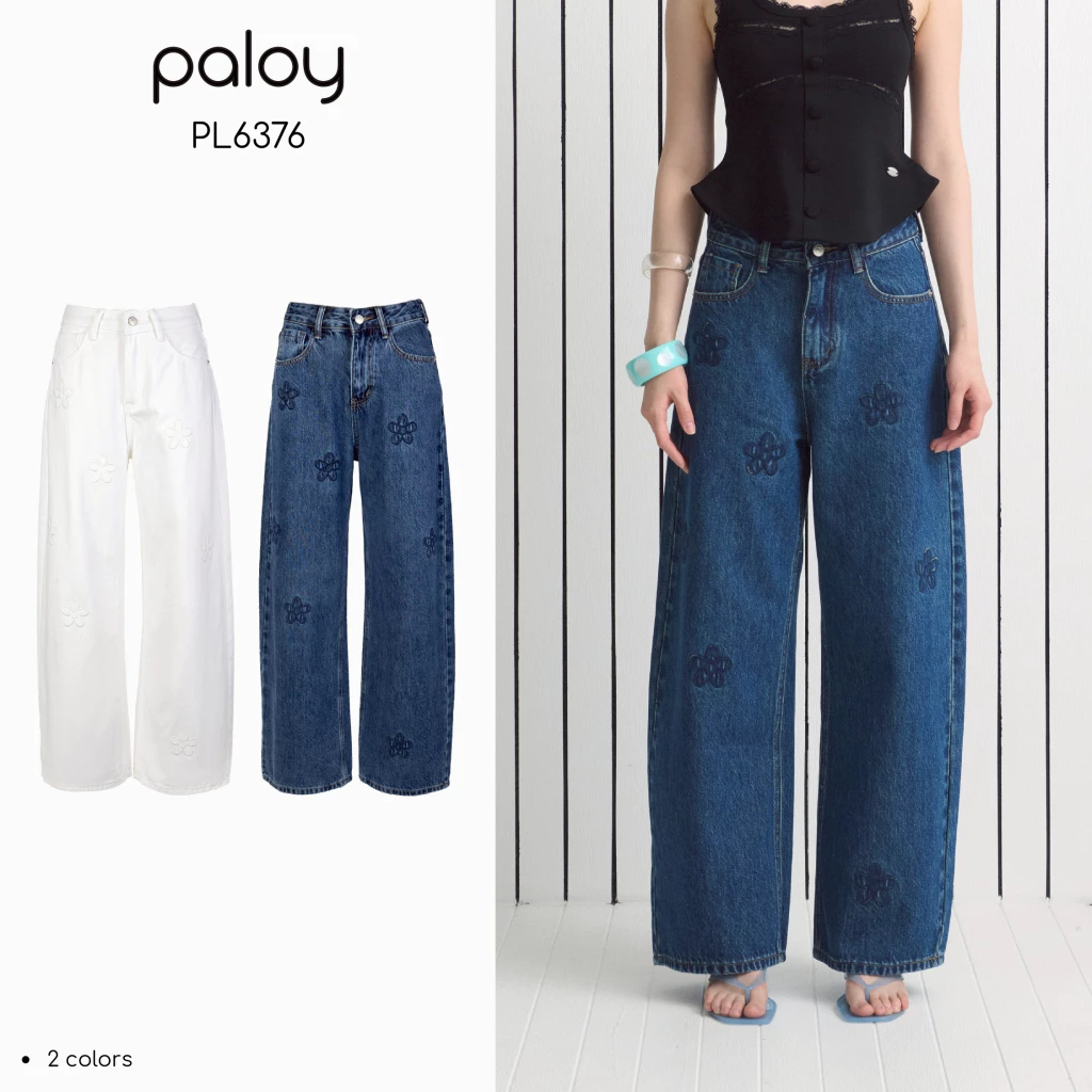 Paloy - PL6376 Poppy Jeans กางเกงยีนส์ ทรงกระบอกกลาง ดีเทลตัดเย็บแต่งดอกไม้