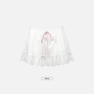 Paloy - PL2550 Petit mini skirts กระโปรงผ้าคอตตอนเอวต่ำ ตีเกล็ด ชายกระโปรงตัดต่อกับผ้าลูกไม้