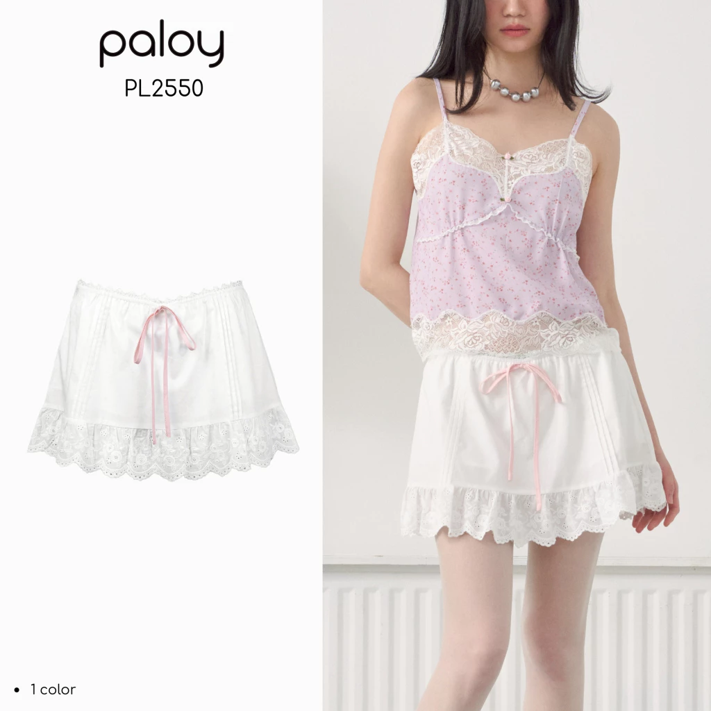 Paloy - PL2550 Petit mini skirts กระโปรงผ้าคอตตอนเอวต่ำ ตีเกล็ด ชายกระโปรงตัดต่อกับผ้าลูกไม้