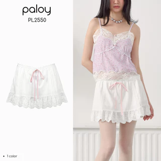 Paloy - PL2550 Petit mini skirts กระโปรงผ้าคอตตอนเอวต่ำ ตีเกล็ด ชายกระโปรงตัดต่อกับผ้าลูกไม้
