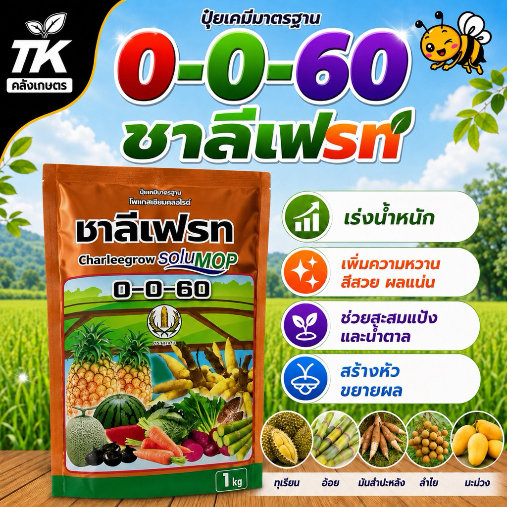 ชาลีโกร โซลูม๊อป 0-0-60 ปุ๋ยเกล็ดละลายน้ำ 1 กก. โพแทสเซียมซัลเฟต (SOP) เพิ่มความหวาน ผลใหญ่ สีสวย ไม