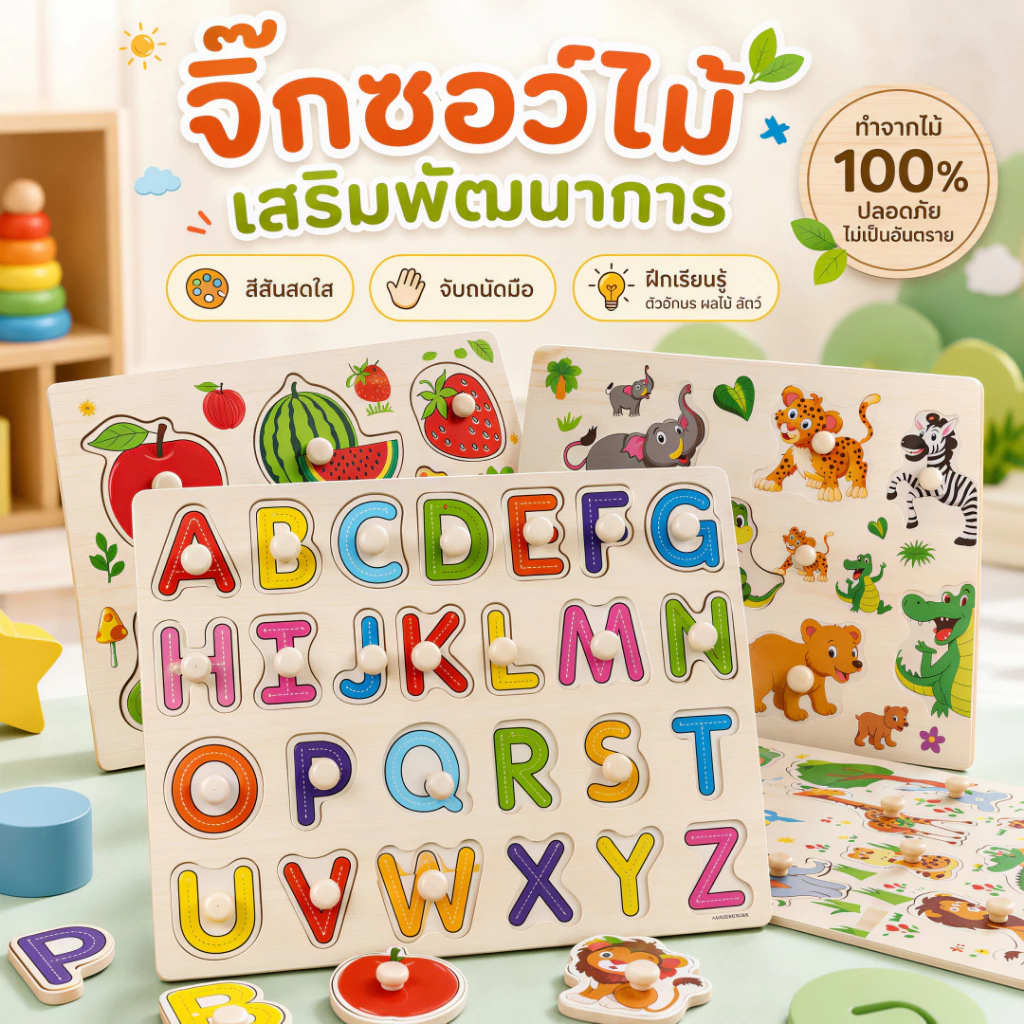 จิ๊กซอว์เด็ก ของเล่นจุกไม้ เสริมพัฒนาการ ตัวต่อชิ้นเดียว สำหรับเด็กเล็ก 10แบบ