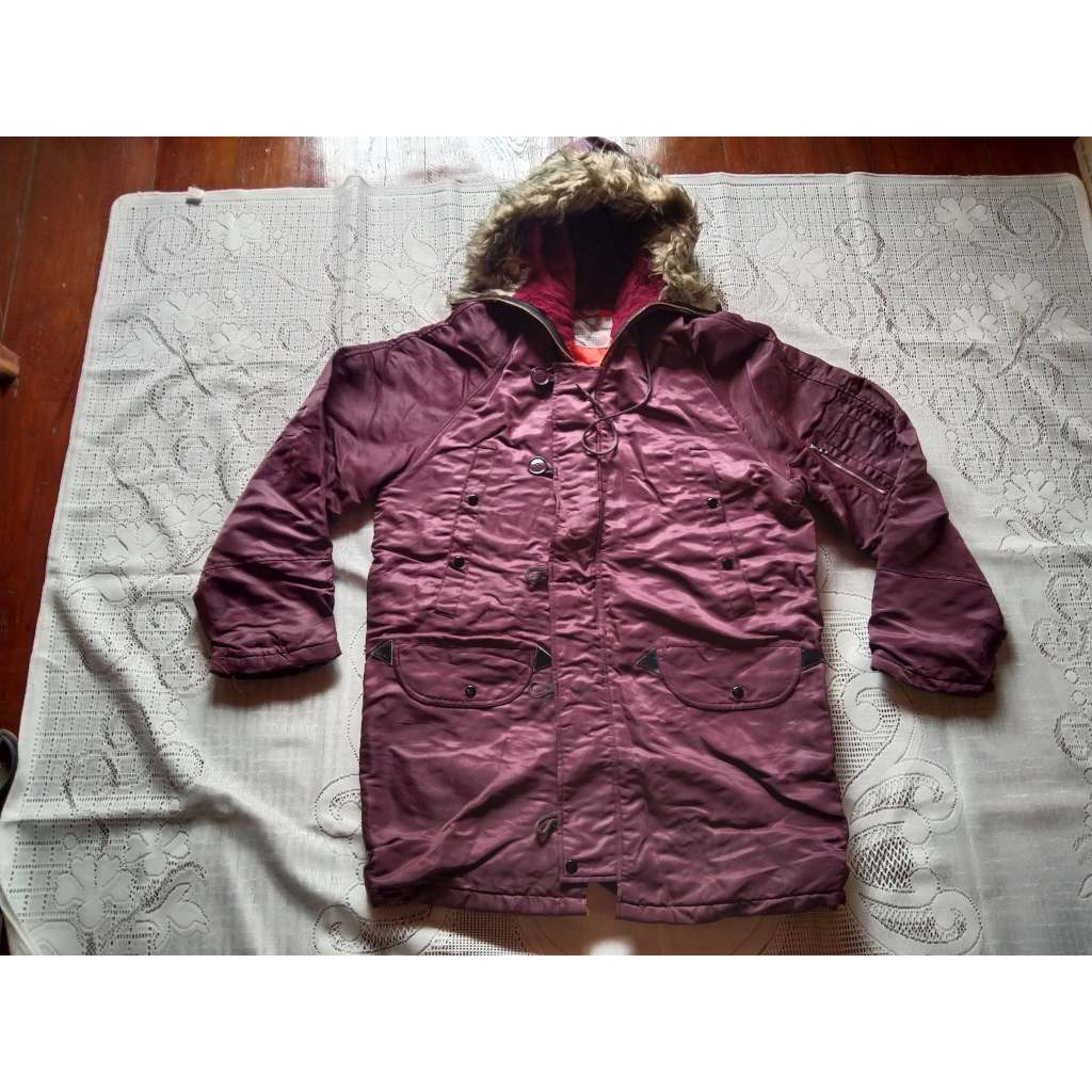 N-3B military parka featuring a burgundy nylon shell and a faux fur hood made in Korea