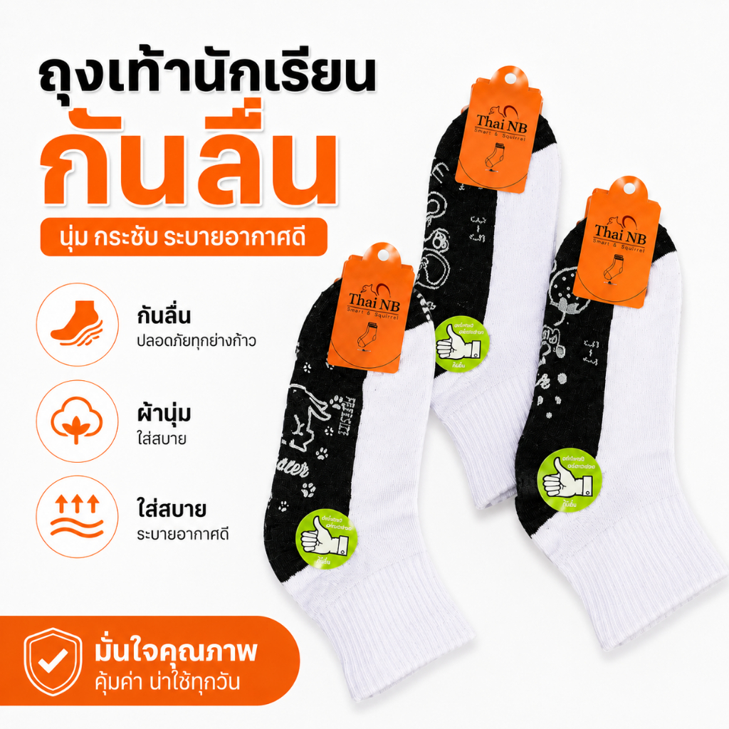 ถุงเท้านักเรียน พื้นมีกันลื่น ขาวพื้นเทา กันลื่น 6/12คู่ ใส่สบาย ไม่อับชื้น ยืดได้เยอะ สําหรับผู้ชาย และผู้หญิงุ