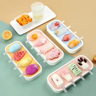 แม่พิมพ์ไอศกรีมซิลิโคน 4 ช่อง DIY ทำไอติม ถอดง่าย ล้างสะดวก มาพร้อมไม้ไอติม ทำน้ำแข็งได้