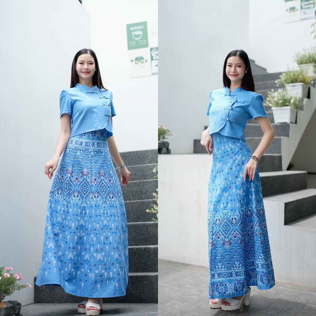 เซ็ทลายพันดาวเสื้อคอจีนป้ายและกระโปรงทรง8ชิ้นผ้าฝ้ายพิมพ์ลาย