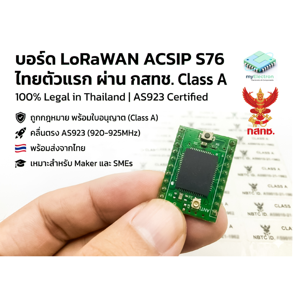 โมดูล LoRaWAN RBS-76 region AS923 คลาส A พร้อมสติ๊กเกอร์รับรองจากกสทช. ความถี่ย่าน 920-925MHz ควบคุม