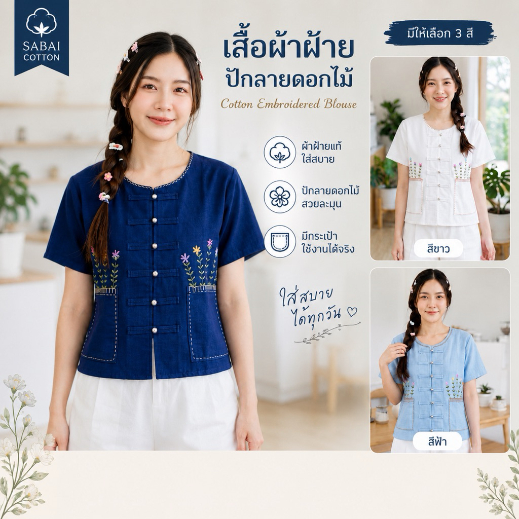 เสื้อผ้าฝ้าย ผู้หญิง งานปักต้นดอก แต่งกระดุมเงิน ผ้าสวย ใส่สบาย งานดี Clothing Women