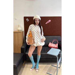 🩵เสื้อแขนยาวลายจุด Polka Dot สุดคลาสสิก💙เพิ่มความพิเศษตรงชายเสื้อตัดหยักเก๋ๆ ใส่แล้วดูมีอะไร ผ้านิ่มใส่สบายม๊ากก 3936#
