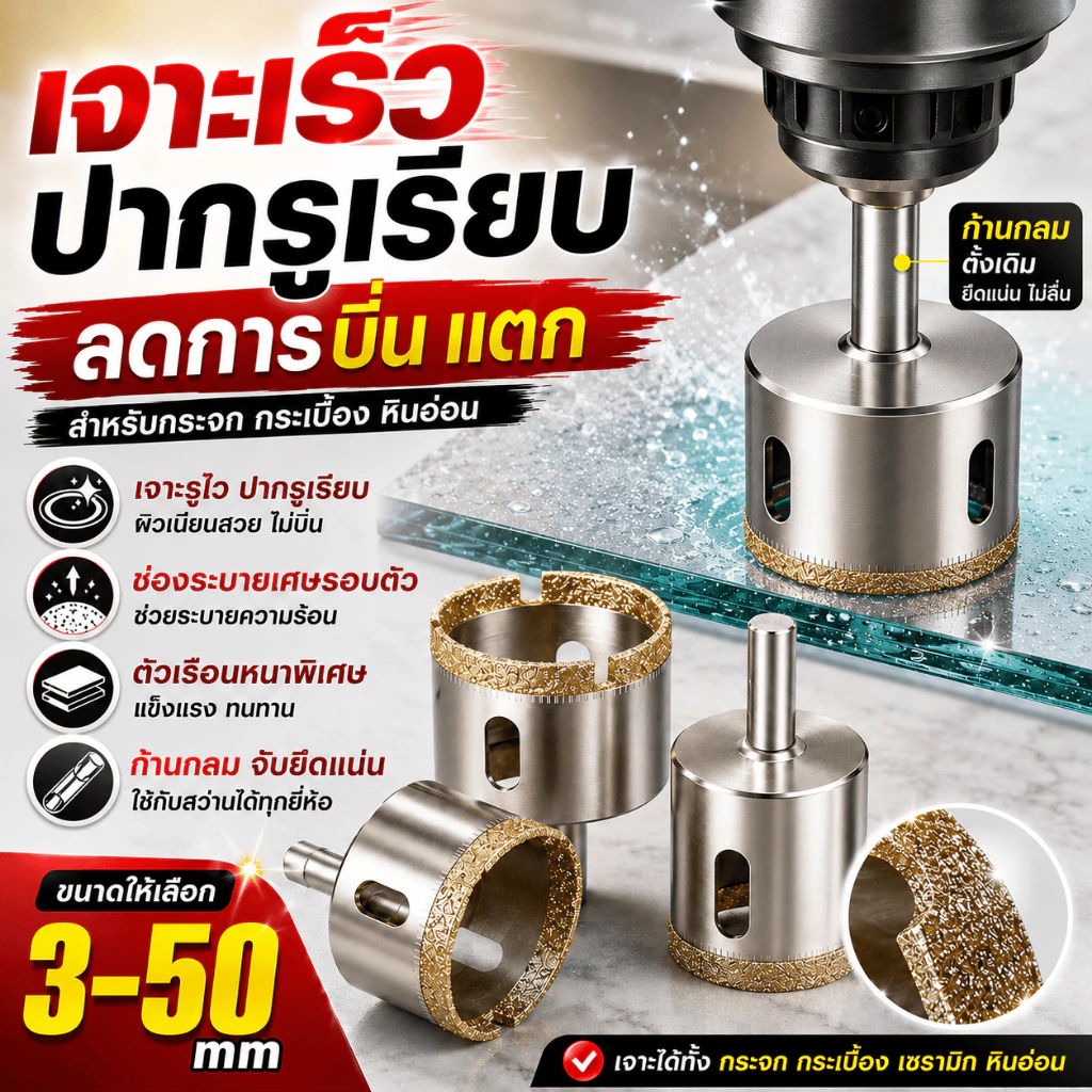 โฮลซอ ดอกสว่าน ชุด15ดอก3-50มิล สว่าน หัวเพชร ดอกเจาะกระจก เจาะหินแกรนิต ดอกโฮลซอเจาะกระเบื้องเซรามิค หินอ่อน เซรามิก อิฐ