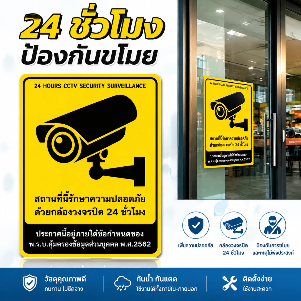 สติกเกอร์เตือนCCTV 24ชั่วโมง ภาษาไทย-อังกฤษ กันน้ำกันแดด ไม่ซีด ติดผนัง/รถยนต์/ร้านค้าได้