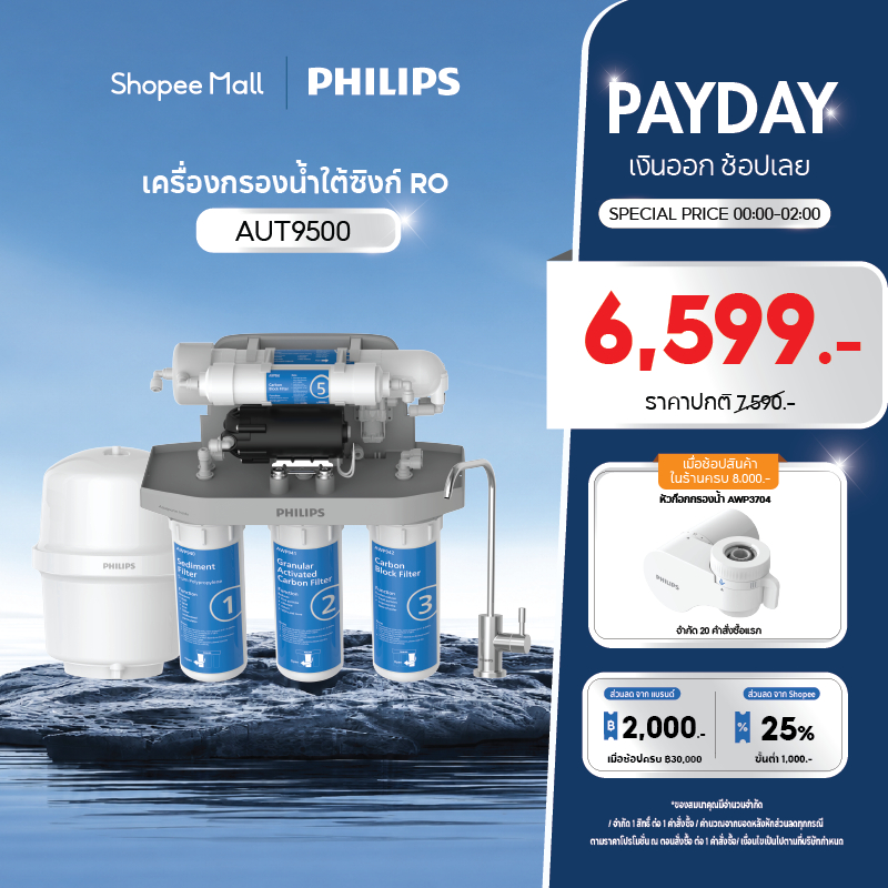 Philipswater AUT9500 / AUT9510 เครื่องกรองน้ำดื่มใต้อ่างล้างจาน กรอง 5 ขั้นตอน ระบบ RO Reverse Osmosis