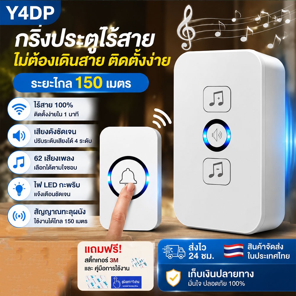 กริ่งประตูไร้สาย ระยะการใช้งาน 800 เมตร กันน้ำและฝุ่น ริงโทน 36 เสียง ด้วยเสียงเมโลดี้ที่สดใสหลากหลาย