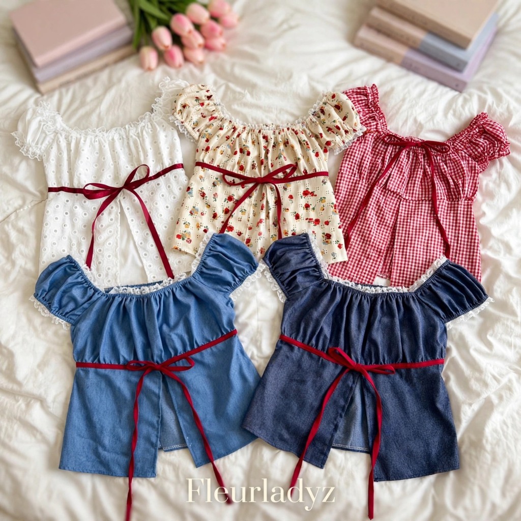 Fleurladyz.เสื้อลูกไม้แต่งแขนตุ๊กตา แต่งขอบลูกไม้ ผูกโบว์หน้า ผ้าฉลุลูกไม้สวยมาก