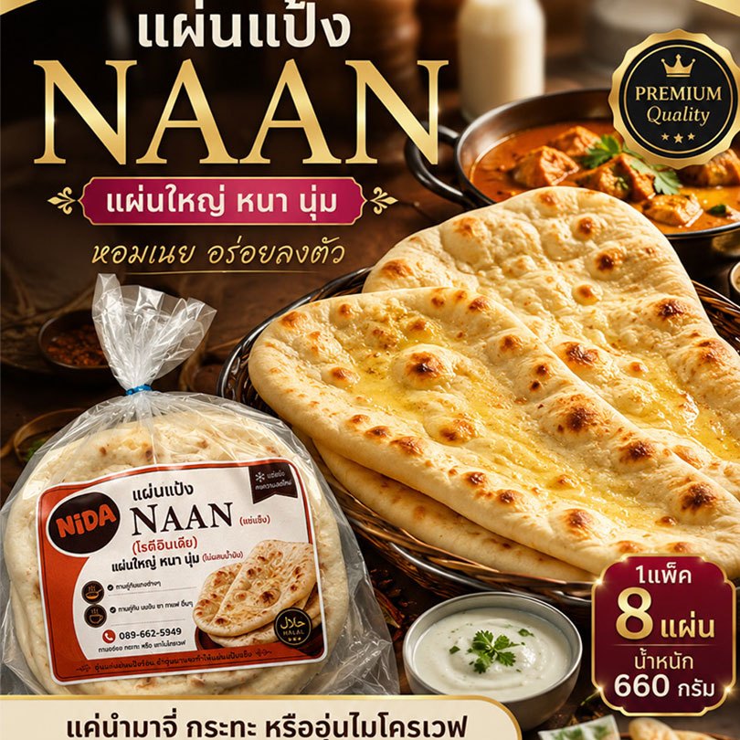 แผ่นแป้งนานอินเดีย แผ่นใหญ่ 8แผ่น