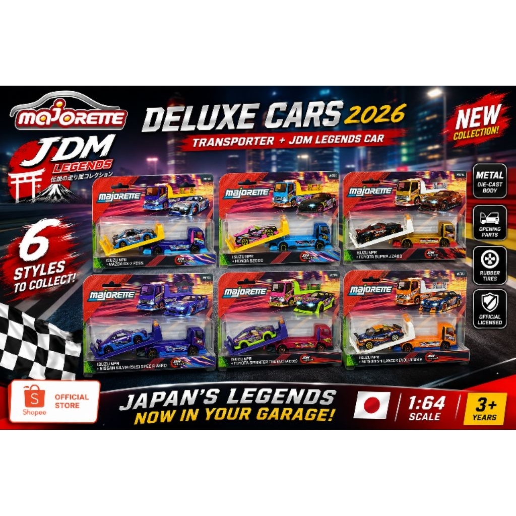 Majorette JDM Legends Deluxe Cars 2026 – Transporter + JDM Legends Car 1:64