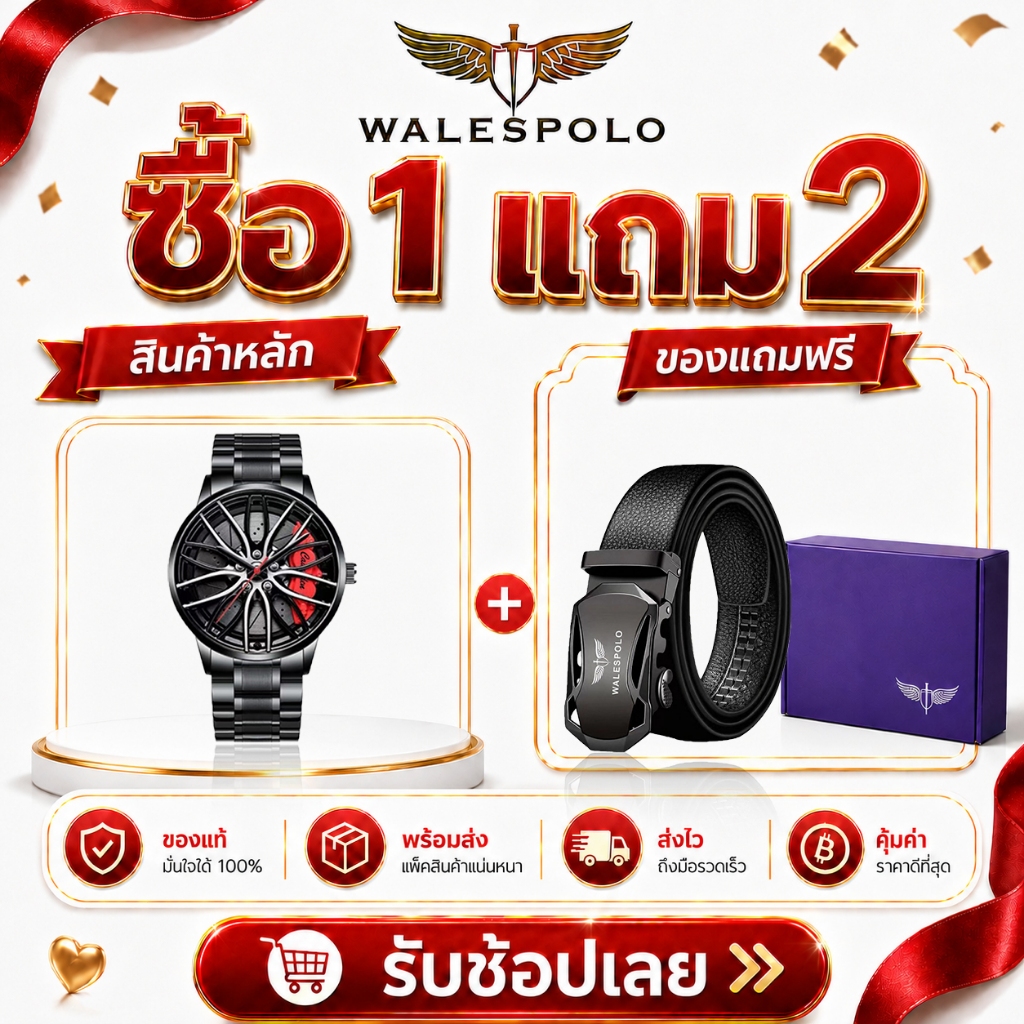 WALESPOLO นาฬิกาผู้ชาย แฟชั่นสปอร์ต ดีไซน์ล้อรถ หน้าปัดดำ  พร้อมกล่องของขวัญ สงกรานต์  วาเลนไทน์ ปีใหม่ ของขวัญให้สามี