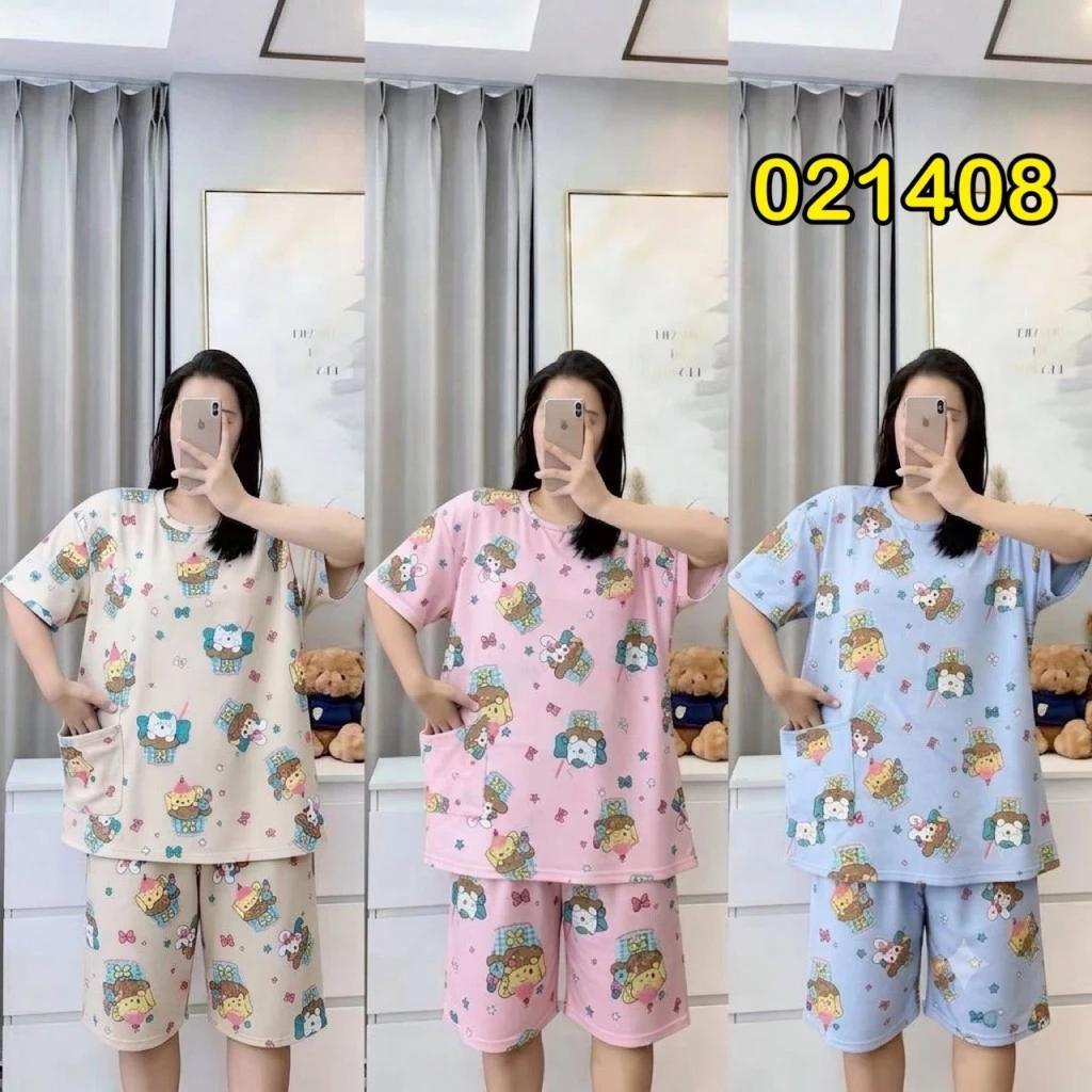ชุดนอนฟรีไซส์ใหญ่ 6XL เสื้อแขนสั้น+กางเกงขาสั้น #รุ่นเสื้อมีกระเป๋าข้าง
