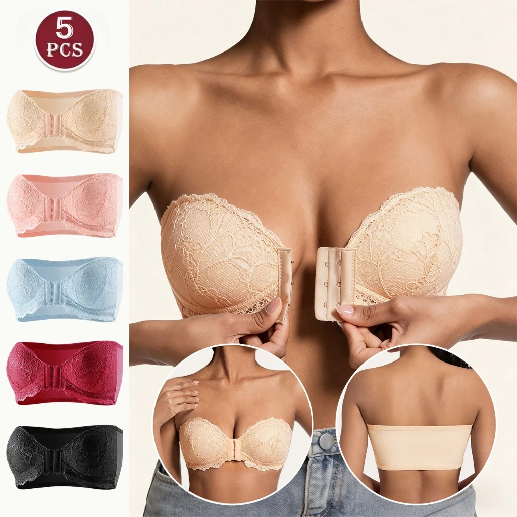 🍒S-XXL🌸บราไร้สายกันลื่นเสื้อชั้นใน🌟 ปิดหน้าด้วยตะขอ ขอบลูกไม้ละเอียด ยกทรงดี ไร้โครงเหล็ก สวมใส่ชุดเดรสได้ พร้อมส่ง