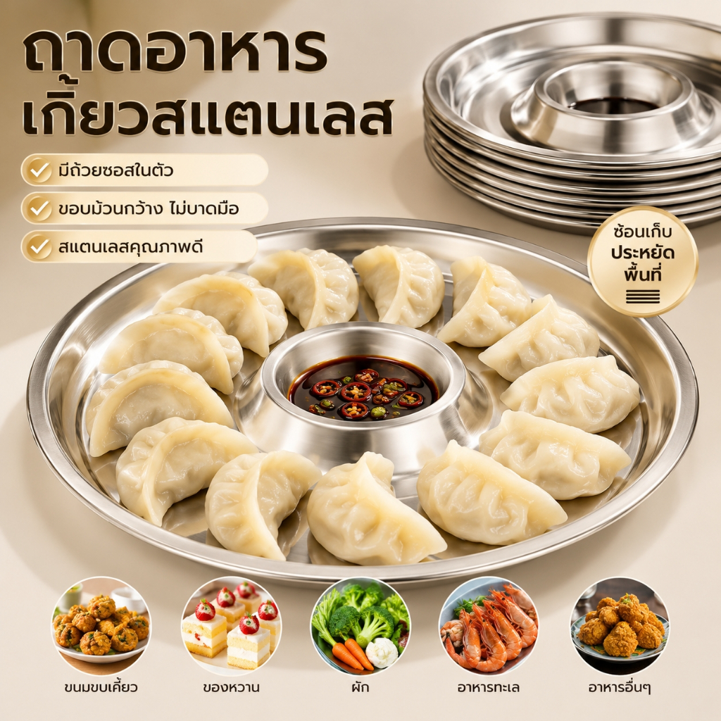 จานเกี๊ยวสแตนเลส 304 มีช่องน้ำจิ้มในตัว ปลอดภัยอาหาร เหมาะบ้านและร้านอาหาร ซ้อนเก็บง่าย ทำความสะอาดง่าย