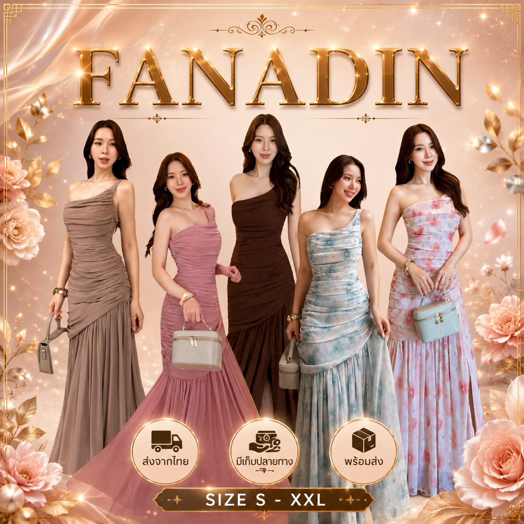 ชุดเดรส ชุดออกงาน ชุดราตรี FP078 เกรดพรีเมี่ยม ไหล่เบี่ยง รูดๆทั้งตัว ผ้าชีฟอง