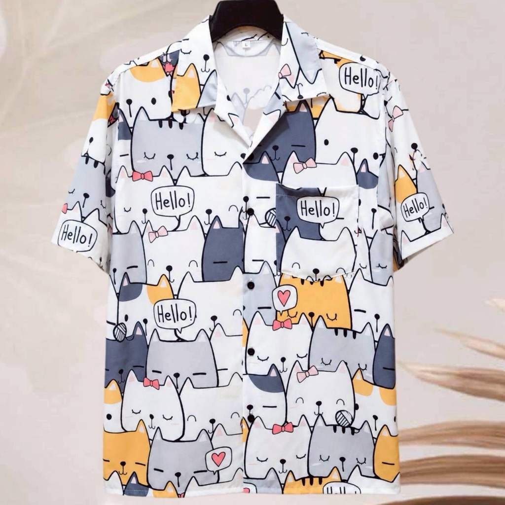 เสื้อเชิ้ตฮาวาย ลายแมว Hello  (พื้นสีขาว) ผ้าไหมอิตาลี