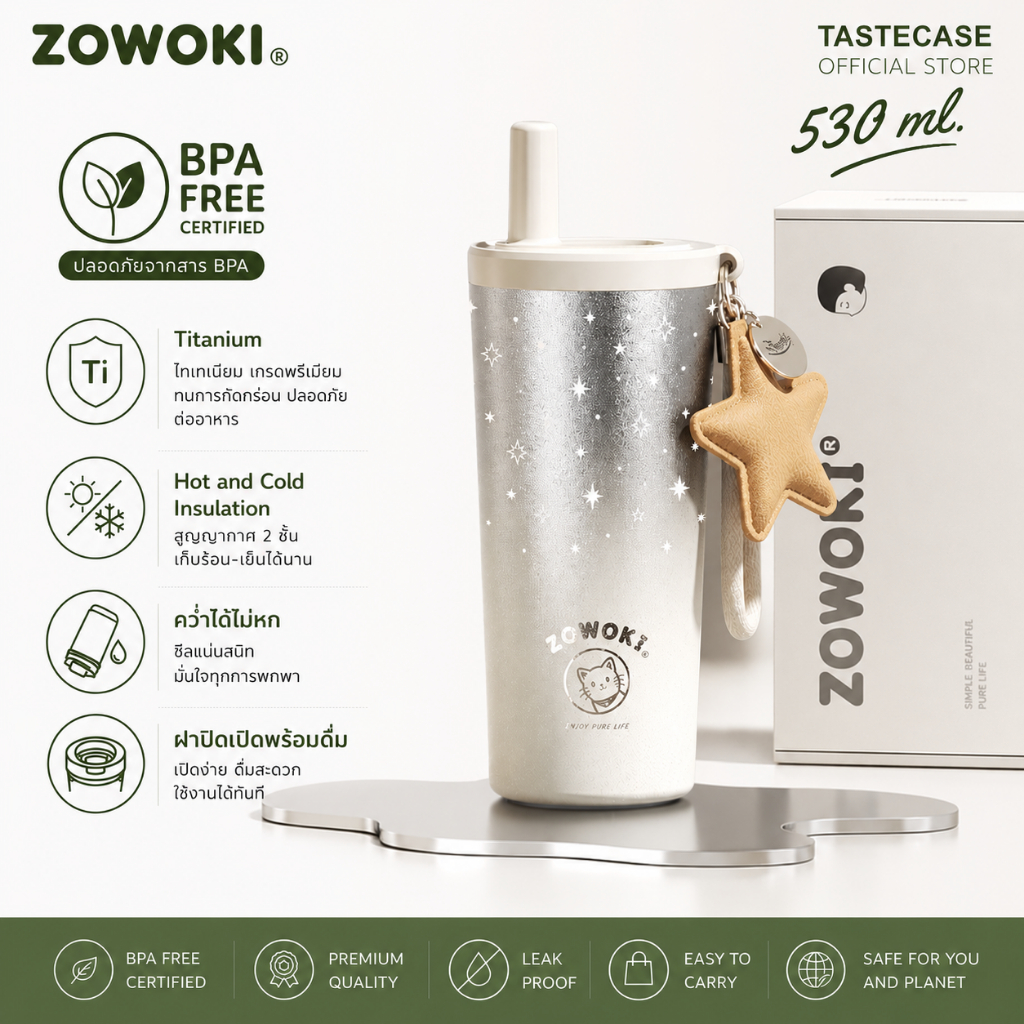 Zowoki CX-530 ml. แก้วเก็บอุณหภูมิไทเทเนียมแท้ พร้อมหลอดไทเทเนียม แก้วสูญญากาศ เก็บร้อนเย็น แก้วกาแฟ BPA FREE