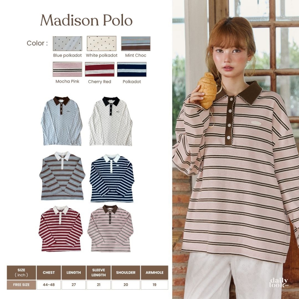 DAILYLOOK.SM --- Madison polkadot polo  เสื้อโปโลแขนยาว ทรง Oversize ดีเทลปัก Dailylook ตรงอกซ้าย ผ้าลายจุดสุดฮิต