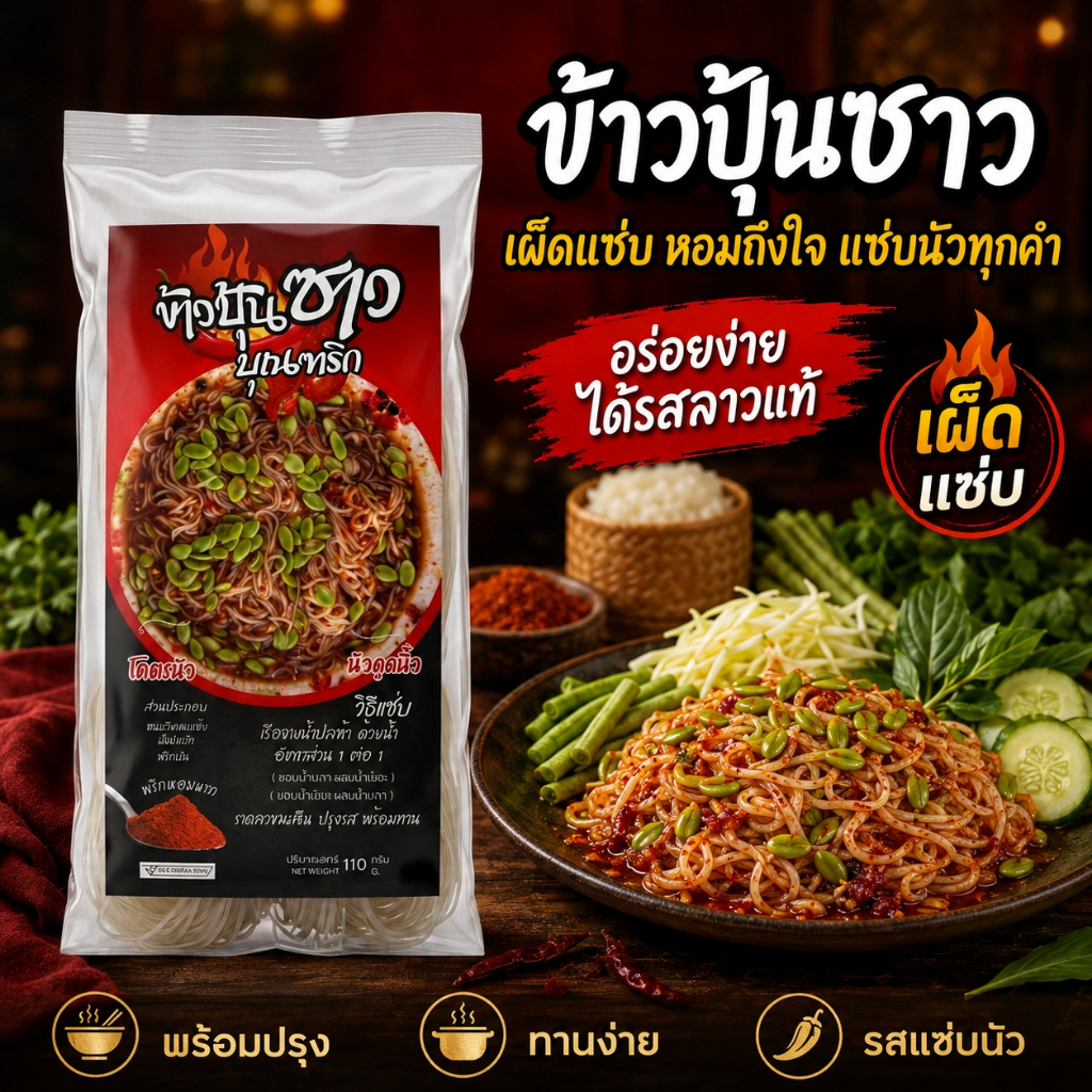 [ต้นตำรับ] ข้าวปุ้นซาวน้ำปลาร้า + พริกคั่วทำเอง สูตรต้นตำรับ