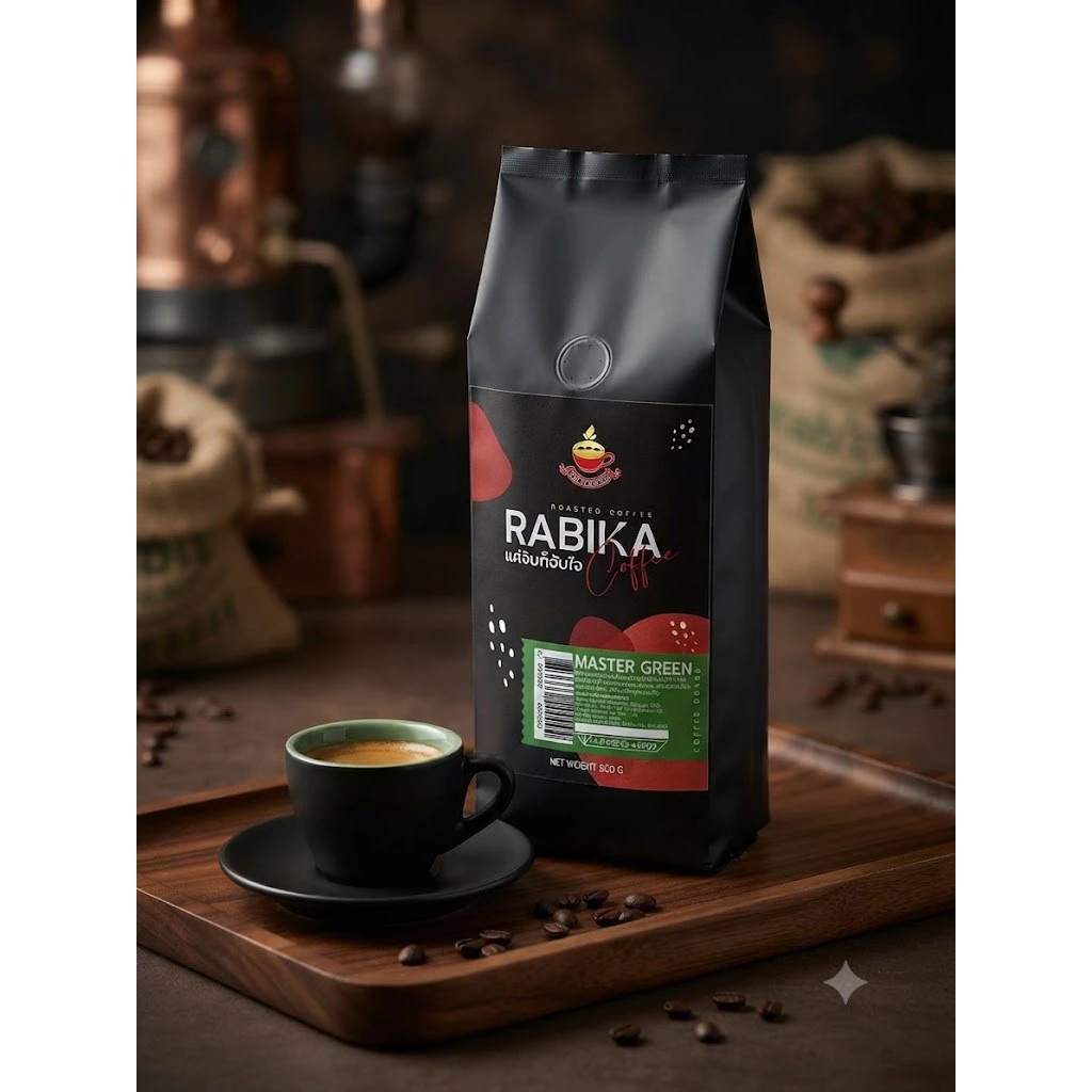 เมล็ดกาแฟคั่ว เกรดพรีเมียม Rabika มาสเตอร์เขียว บรรจุ 500 กรัม (คั่วเข้มมาก) กาแฟสด คั่วบด กาแฟ ร้านกาแฟ คาเฟ