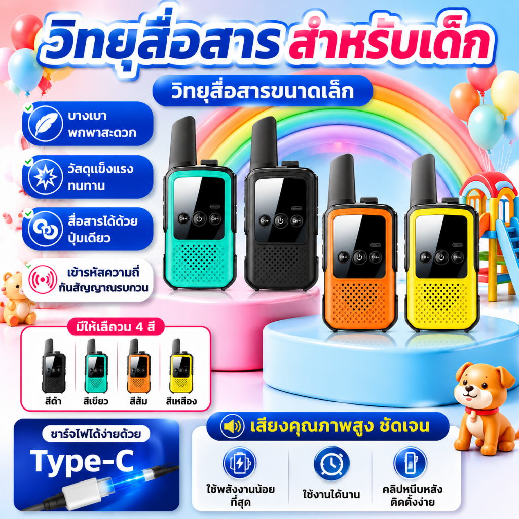 วิทยุสื่อสารสำหรับเด็กผจญภัย สีสันสดใส ปลดล็อกพลังกลางแจ้ง อุปกรณ์อัจฉริยะสำหรับเพื่อนและครอบครัว ไร้รังสี สื่อสารปุ่มเด