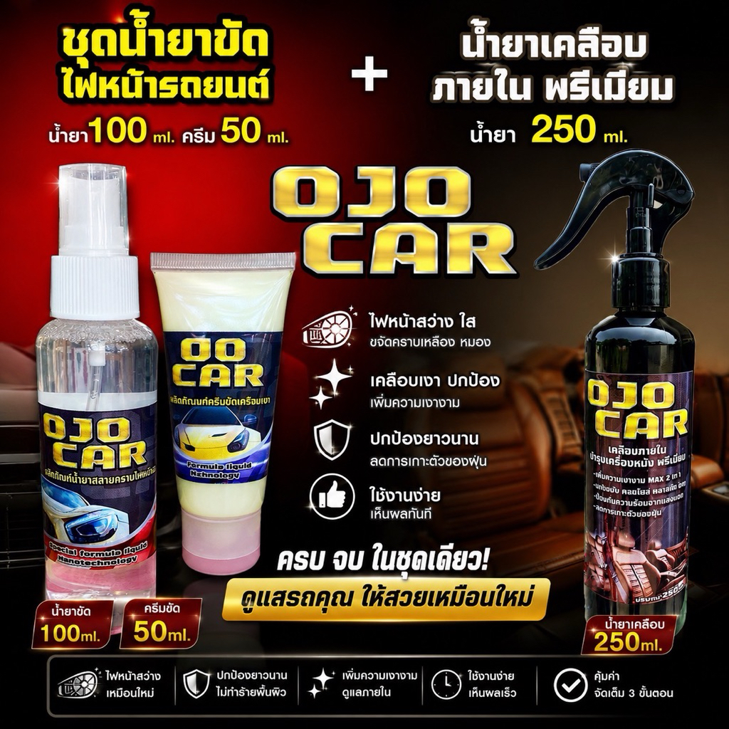 เซต 2 ชุด OJOCAR น้ำยาขัดไฟหน้ารถยนต์ 100ml & เคลือบภายใน บำรุงเครื่องหนัง 250ml แถมฟรี*ผ้าไมโครไฟเบ