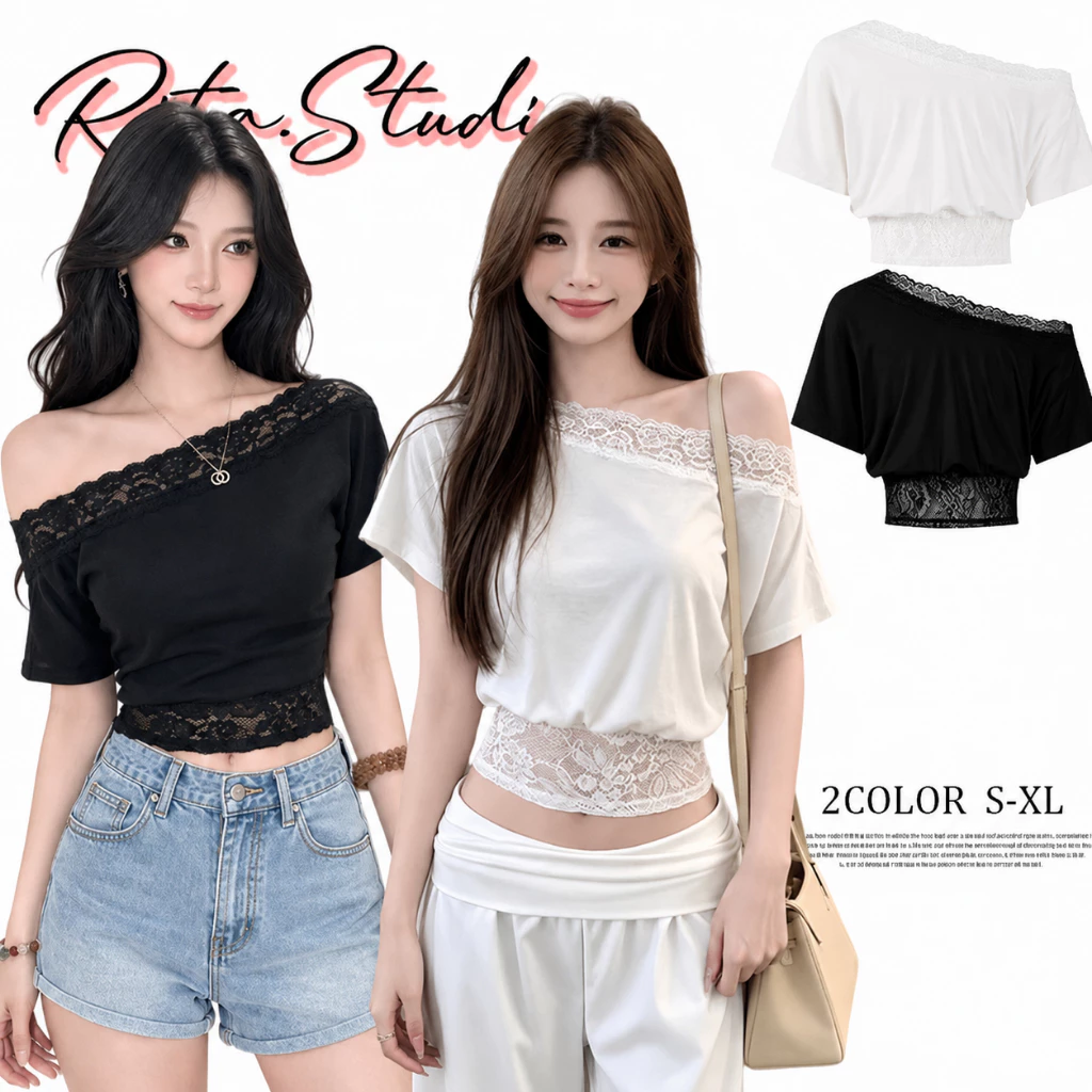 Rita พร้อมส่ง🍒เสื้อยืด ปาดไหล่ แต่งลูกไม้ แขนสั้น สไตล์เกาหลี แฟชั่นผู้หญิง เสื้อครอป เอวลอย เซ็กซี่ น่ารัก ฮิต