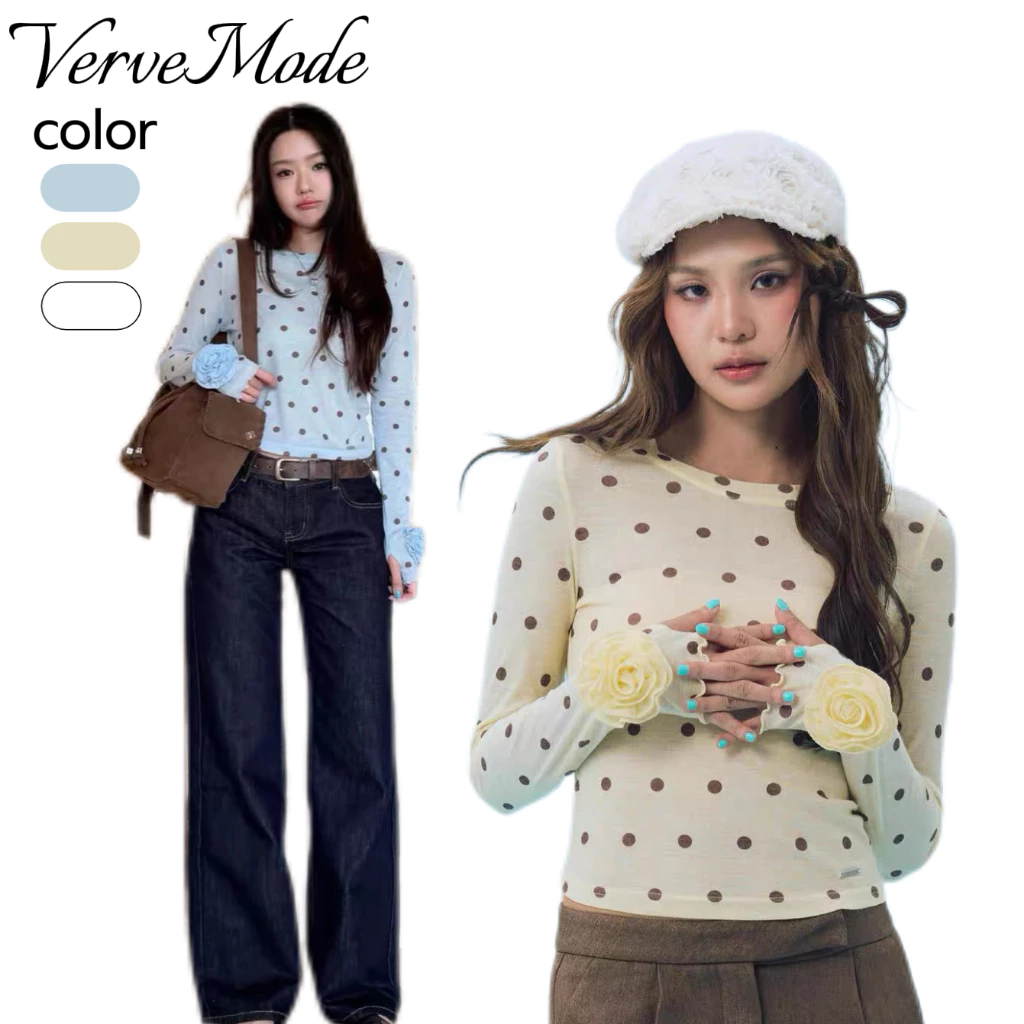 VerveMode.🍓จัดส่งในประเทศไทย🍓เสื้อยืดแขนยาวทรงเข้ารูป ลายจุด ลายดอกไม้สามมิติ ดอกกุหลาบ