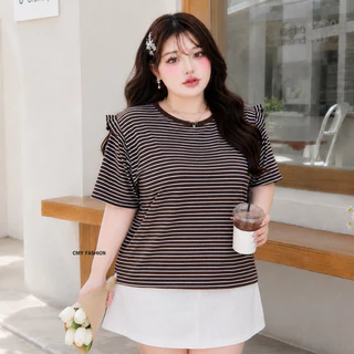 เสื้อยืดลายริ้วแต่งแขนเหมาะสำหรับสาวพลัสไซร์ สีพื้นน่ารัก ผ้านุ่ม ผ้ายืดใส่สบาย #tb8203