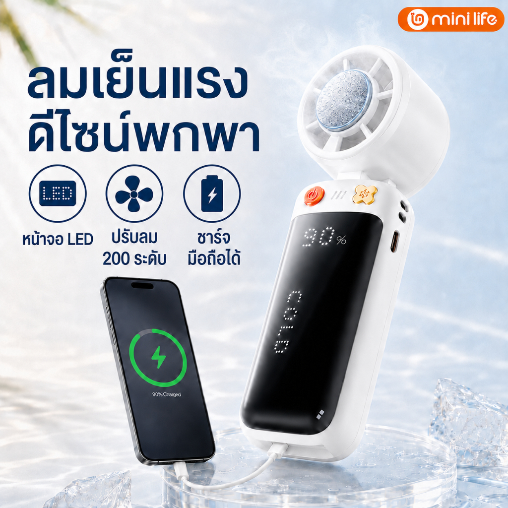 minilife พัดลมมือถือ พัดลมพกพา ความเร็วระดับ 200 พัดลมคล้องคอ ตั้งโต๊ะ แผ่นทำความเย็น 4000mAh usb พาวเวอร์แบงค์