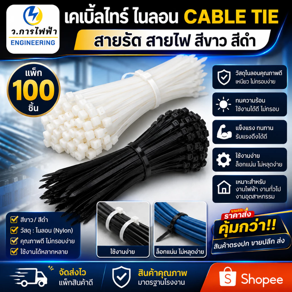 เคเบิ้ลไทร์ Nylon Cable Tie สีขาว สีดำ สายรัดพลาสติก ล็อกแน่น เหนียว ทนทาน แพ็ค 100 ชิ้น หลายขนาด