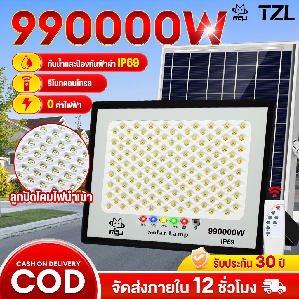 TZL【ซื้อ 1 แถม 1】990000W ไฟโซล่าเซลล์ โซล่าเซลล์ ไฟถนน กันน้ำ IP69 solar light ไฟสปอร์ตไลท์ เปิดปิดอัตโนมัติ