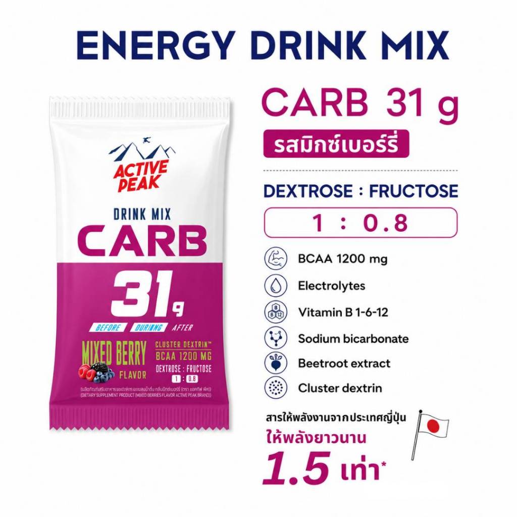 Active Peak Drink Mix CARB 31g รสมิกซ์เบอร์รี่ รสส้ม | เครื่องดื่มคาร์โบไฮเดรต 31 กรัม พร้อม BCAA และ Electrolytes