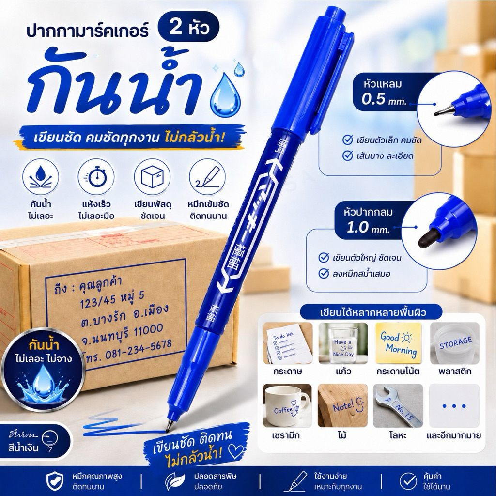 ปากกามาร์กเกอร์ 2 หัว กันน้ำ แห้งเร็ว สีน้ำเงิน เขียนพัสดุ วาด พลาสติก กระจก โลหะ kk