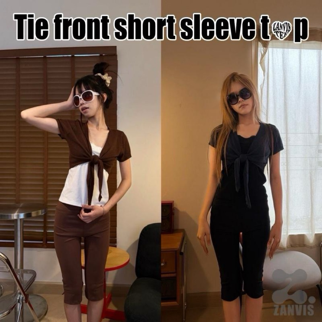 (Zanvis tee) Tie front short sleeve top เสื้อยืดครอปแขนสั้น ดีไซน์ผูกเอวผ้าคอตตอลยูนิ ใส่สบาย เนื้อนุ่ม ยืดได้เยอะ