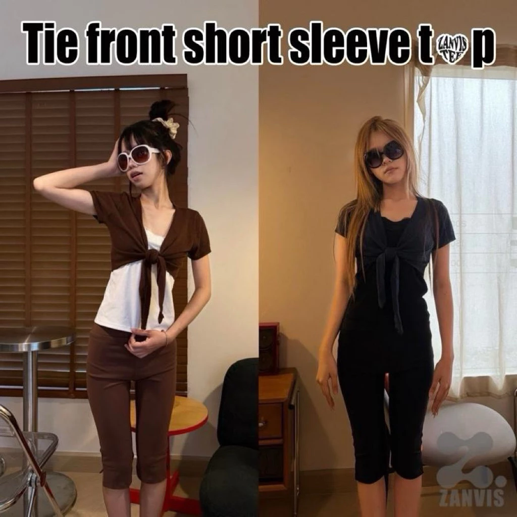 (Zanvis tee) Tie front short sleeve top เสื้อยืดครอปแขนสั้น ดีไซน์ผูกเอวผ้าคอตตอลยูนิ ใส่สบาย เนื้อนุ่ม ยืดได้เยอะ